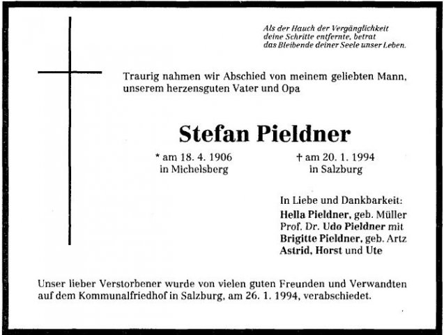 Pieldner Stefan 1906-1994 Todesanzeige